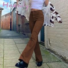 new women's trousers ins British style retro brown high waist elastic flared jeans women's casual pants [23y 7m 7d]