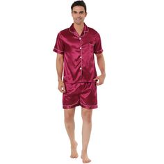 It is made of 95percent polyester and 5percent spandex and can be washed using machines too. Great choice on slumber parties, pajama nights or daily wear at home. Sleep with this comfort satin pajama shorts set. It has matching shorts featuring an elasticized waistband. Machine wash cold inside out. Model Body Size: Height: 6'1", Chest: 38 2/8 inches, Waist: 30 6/8 inches, Hip: 42 1/8 inches, Weight: 175 lbs, model is wearing a size Large. Please check your measurements to make sure the item fit Satin Pajama Sets, Summer Sleepwear, Pyjama Satin, Mens Nightwear, Classic Pajamas, Satin Pajama, Mens Sleepwear, Pants Summer, Satin Pyjama Set