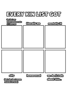 Every kin list got Kinlist Template Blank, Get To Know You Template, My Kins List Template, Every Kin List Got The, Every Kin List Got The Template, Simp List Template, Kinnie Template, Kin List Template, Kin Templates