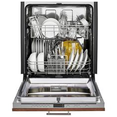 an open dishwasher with dishes in it