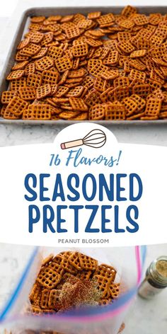 a pan full of seasoned pretzels with the title overlay reading 16 flavors seasoned pretzels