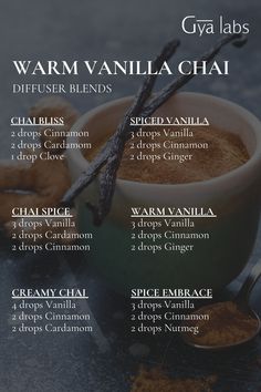 Wrap yourself in the comforting embrace of Warm Vanilla Chai! ☕✨ Our diffuser blends blend creamy vanilla with spiced chai to create a cozy, soothing atmosphere that’s perfect for fall. #VanillaChai #CozyVibes  #GyaLabs #UpliftYourEveryday #essentialoils #summerseason #amazing #soulwisdom  #summer  #summervibes #abundance #abundancemindset #miracles #blessings #inspiration #NaturalCare #HealthyLiving #EssentialOils #woman Natural Medicine Recipes, Homemade Candle Recipes, Coffee Essential Oil, Natural Medicines, Homemade Candle, Spiced Chai, Fragrance Blends