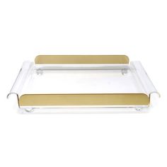 two clear and gold serving trays with handles on each side, one is empty