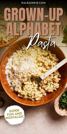 the cover of grown up alphabet pasta, featuring spinach and mushrooms in an orange bowl