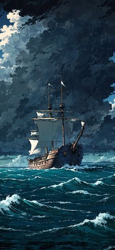 a painting of a ship in the middle of the ocean with dark clouds above it