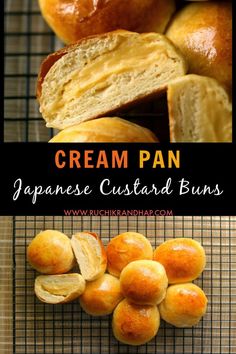 japanese custard buns with text overlay reading cream pan japanese custard buns