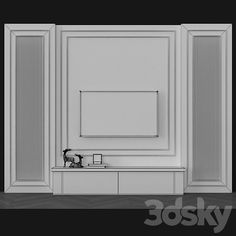 an empty room with white walls and furniture