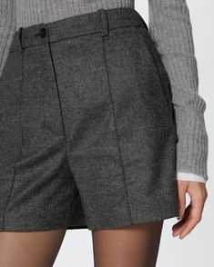 Tailored shorts in wool-blend flannel with a salt and pepper-effect texture. Giving even the most casual styles the perfect elegant twist, these shorts feature belt loops at the waist, slanted side pockets and vertical topstitching. Zip and button fastening. Wardrobe Wishlist, Summer Capsule, Summer Capsule Wardrobe, Casual Styles, Tailored Shorts, Shorts Black, The Details, Black Grey, Capsule Wardrobe