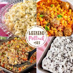 four different pictures with the words weekend potluck on them and images of various dishes