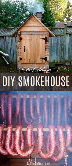 there are several sausages being cooked on the grill and in front of a shed