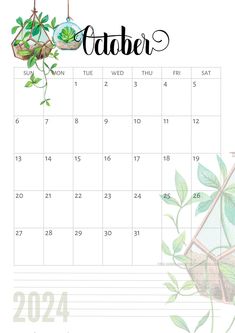 the calendar for october is shown with green leaves and hanging baskets on it's sides