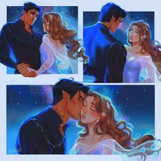 two pictures of a man and woman kissing in front of the sky with stars behind them