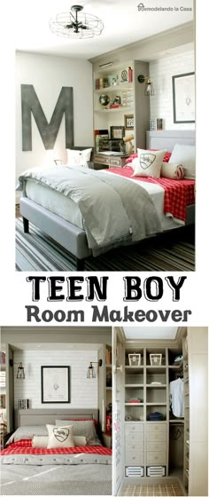 A teen boy's room is transformed with built-ins around the bed, a new closet, faux brick wall and lots of vintage-industrial decor. Boy Room Makeover, Diy Home Decor For Apartments, Teenage Boy Room, Teen Boy Room, French Bedroom, Teen Boy Bedroom, Dekorasi Kamar Tidur