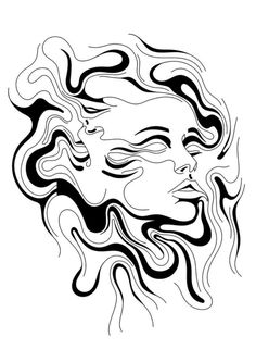 a drawing of a woman's face in black and white with swirls on it