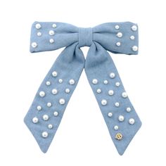 Our standard bow is so easy to wear. Just clip it in and go. Done in a denim fabric with pearl embellishments. Denim And Pearls, Bow Barrette, Gameday Dress, Pearl Bow, Necklace Dress, Pink Rainbow, Fan Gear, Designer Pillow, Crystal Pearls