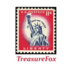 a postage stamp with the statue of liberty on it's front and words that read,