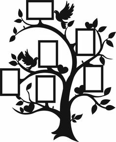 a family tree with four frames and two birds sitting on the branches in front of it