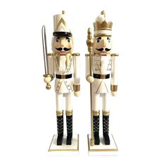 "Purchase the Santa's Workshop 24\" White & Gold King & Guard Nutcracker Set at Michaels. com. Beautifully handmade and hand painted, these nutcrackers are the perfect accent to your holiday décor. Crisp and precise in their shining white and gold bejeweled uniforms, these nutcrackers will give an elegant boost to your holiday display. The king nutcracker carries a royal staff, while the guard nutcracker wields a silver sword. Beautifully handcrafted from wood and hand painted, this set of two 2 Royal Staff, King Nutcracker, Jeweled Christmas, Santa's Workshop, The Guard, Holiday Display, Black White Gold, Nutcracker Christmas, Handcrafted Wood