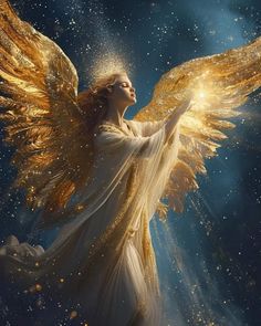 a painting of an angel with golden wings in the night sky and stars around her