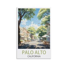 a postcard with the words palo alto in front of a tree and street scene