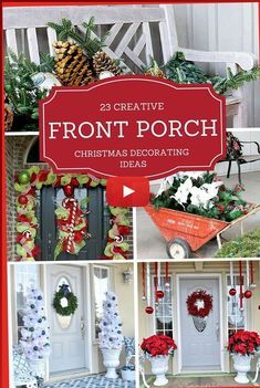 the front porch christmas decorating ideas book is shown in red and white colors, including wreaths