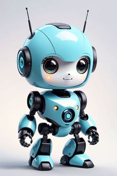 a blue robot with headphones is standing