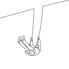 a single line drawing of a person hanging upside down on a rope with their feet in the air