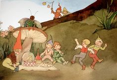 an illustration of children playing in front of a mushroom house