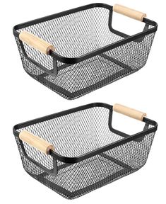 two black wire baskets with wooden handles