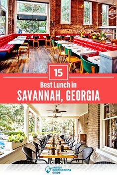 the inside of a restaurant with tables, chairs and benches in front of large windows that read 15 best lunch in savannah, georgia