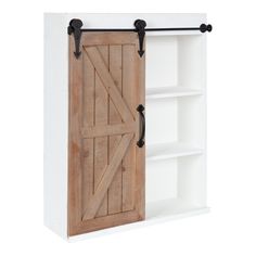 a white bookcase with an open wooden door and black hardware on the bottom shelf