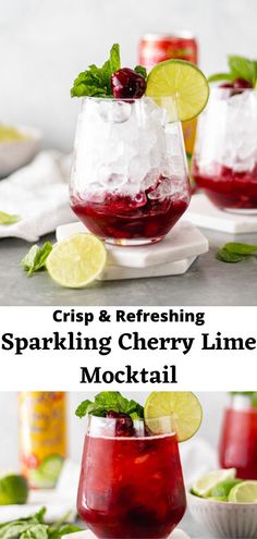 two glasses filled with cranberry lime cocktails and garnished with mint