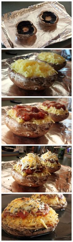 four different images of food being cooked in pans on top of metal trays