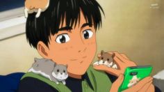 a young boy holding a small animal in his hand and texting you'll be there, too, yuri