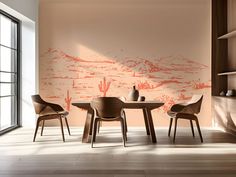 a dining room table and chairs in front of a wall with a desert scene painted on it