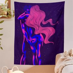 a purple and pink wall hanging tapestry with a woman's body