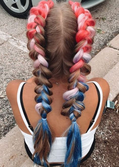 4th of July hairstyle: red and blue braids 4th Of July Accessories Ideas, 4th Of July Natural Hairstyles, Hairstyles For The Fourth Of July, Memorial Day Hairstyles For Kids, 4of July Hairstyles, Hair Styles For 4th Of July, Girls 4th Of July Hairstyles