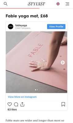 an instagram page with a woman's hand on top of a yoga mat