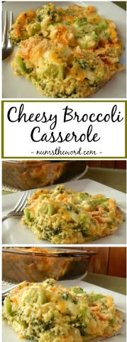 broccoli and cheese casserole is shown in three different pictures with the title above it