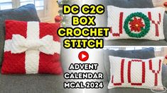 three pictures of christmas decorations on a couch with the words dc2c box crochet stitch