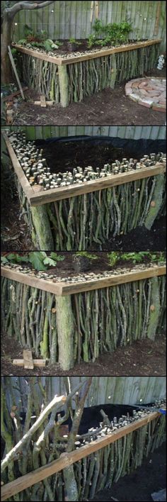 three wooden planters filled with asparagus growing in the ground and on top of each other