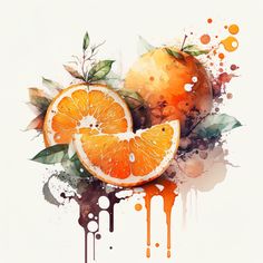 two oranges with leaves and dripping paint