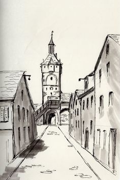 Sketch of a historic town gate with surrounding buildings, showcasing architectural details and perspective techniques. Sketch Book Buildings, Beginner Architecture Sketch, Buildings Perspective Drawing, Urban Sketches Architecture, Building Structure Sketch, Art Sketches Buildings, How To Draw A Street, Drawings Of Buildings Architecture, How To Draw Buildings Perspective