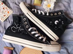 Embroidered Converse Low Top, Lee Fletcher, Embroidered Converse High Tops, Constellation Embroidery, Converse Embroidery, Cute Converse Shoes, Converse Design