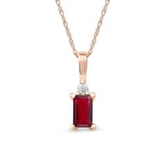 This 5.0 x 3.0mm emerald-cut ruby and round diamond accent drop pendant is set in 10K rose gold. The design suspends along an 18.0-inch rope chain that secures with a lobster claw clasp. Real Ruby Necklace, Peoples Jewellers, Ruby Pendant, Ruby Necklace, Colored Gems, Ruby Diamond, Red Ruby, Drop Pendant, Rope Chain