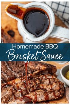 homemade bbq brisket sauce being drizzled on top of steaks