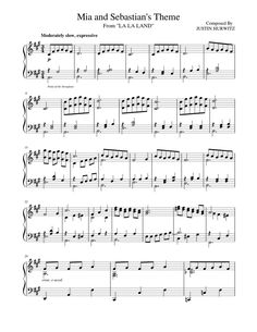 sheet music with the words mia and sebastian's theme