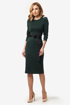 Dress with a fitted silhouette below the knee, featuring 3/4 puff sleeves. Includes a belt. Made from soft knit fabric that gently hugs the waist and creates an elegant feminine silhouette. Emphasizes the waist, creating a refined and elegant look. Suitable for both everyday wear and formal occasions. 60% viscose, 30% polyester, 10% elastane. Fitted Long Sleeve Midi Dress With Belted Cuffs, Elegant Belted Midi Dress With 3/4 Sleeves, Chic Belted Midi Dress With 3/4 Sleeves, Chic Half Sleeve Belted Midi Dress, Fitted Belted Knee-length Dress For Fall, Fitted Knee-length Belted Dress For Fall, Elegant Half Sleeve Midi Dress For Fall, Elegant Fall Half Sleeve Midi Dress, Belted Half Sleeve Midi Dress For Work