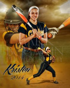 a woman holding a baseball bat on top of a field with clouds in the background