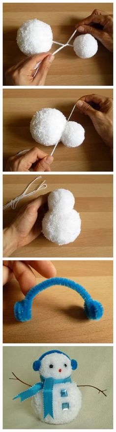 the instructions for how to make a snowman headband with yarn and cotton balls